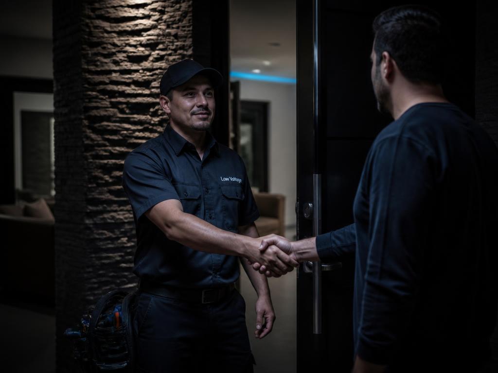 Generator installer shaking hands with a homeowner at the front door before an installation
