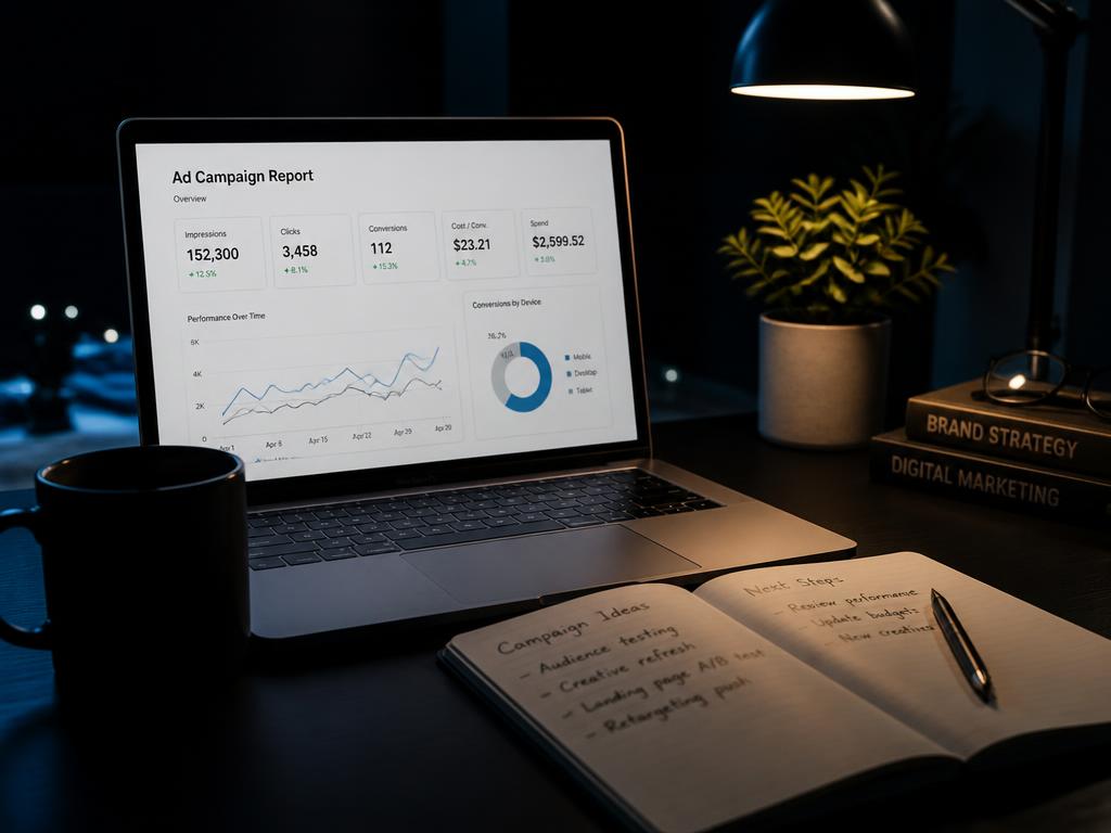 Desk at night with a laptop showing an ad campaign report and handwritten campaign notes